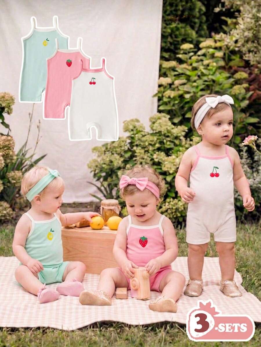 SHEIN 3pcs/Set Romper Bayi Perempuan Motif Buah Musim Panas, Gaya Manis dan Lucu Warna Hijau dan Putih, Nyaman Dipakai, Cocok untuk Liburan, Jalan-jalan Sehari-hari & Pemotretan - MultiWarna - View 1