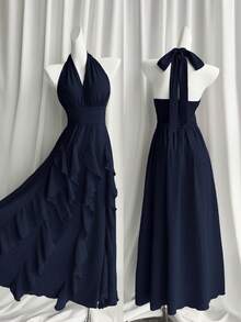 Rafferiza Women Navy Blue Summer Elegant Dining Wedding Guest Graduation Birthday Dresses Boho V-Neck Halter Multi-Layered Ruffled Bow Long Maxi Dress Outfit - Navy Blue - View 7
