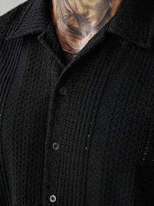 SLATEMANN 男士纯色前开襟休闲日常短袖衬衫 - 黑色 - 查看 3