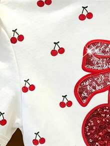 1pc Tween Girl Cherry Print Round Neck Short Sleeve T-Shirt, Matching Crystal-Like & Cherry Pattern, Versatile Casual Outfit, Suitable For Spring, Summer, Autumn - Multicolor - View 7