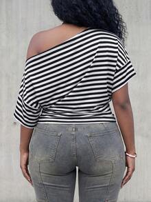 Slaydiva Plus Size Summer Casual Striped Asymmetric Collar Cinched Waist T-Shirt - Black and White - View 3