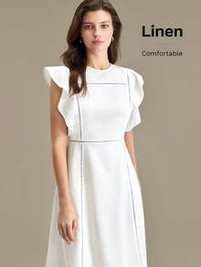 Ontre 2026 SS Neues Leinen-Mischgewebe Midi-Kleid, Rundhalsausschnitt, verdeckter Reißverschluss hinten, einfarbig Weiß/Beige, Leinengewebe, minimalistisch elegant urbaner Chic, Rüschenärmel, Patchwork-Spitzenbesatz, A-Linie Silhouette, tailliert, geeignet für Ausflüge, Urlaub, Feiern, Dates, Hochzeiten, Büro, Schule, vielseitiges Midi-Kleid für Frauen - Weiss - Übersicht 5
