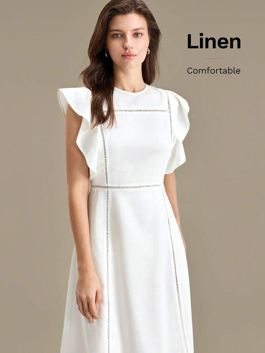 Ontre 2026 SS New Linen Blend Mid-Length Loose Dress,Round Neck,White,Summer,Elegant,Tea Party,Ruffle Sleeve,Patchwork Lace Trim,A-Line,Waist Cinched,Midi