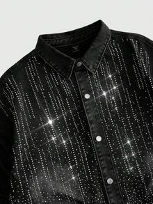ROMWE MEN Street Life Áo sơ mi denim nam kiểu dáng thường ngày, đính đá lấp lánh, thích hợp cho mùa hè. - màu đen - Xem 3