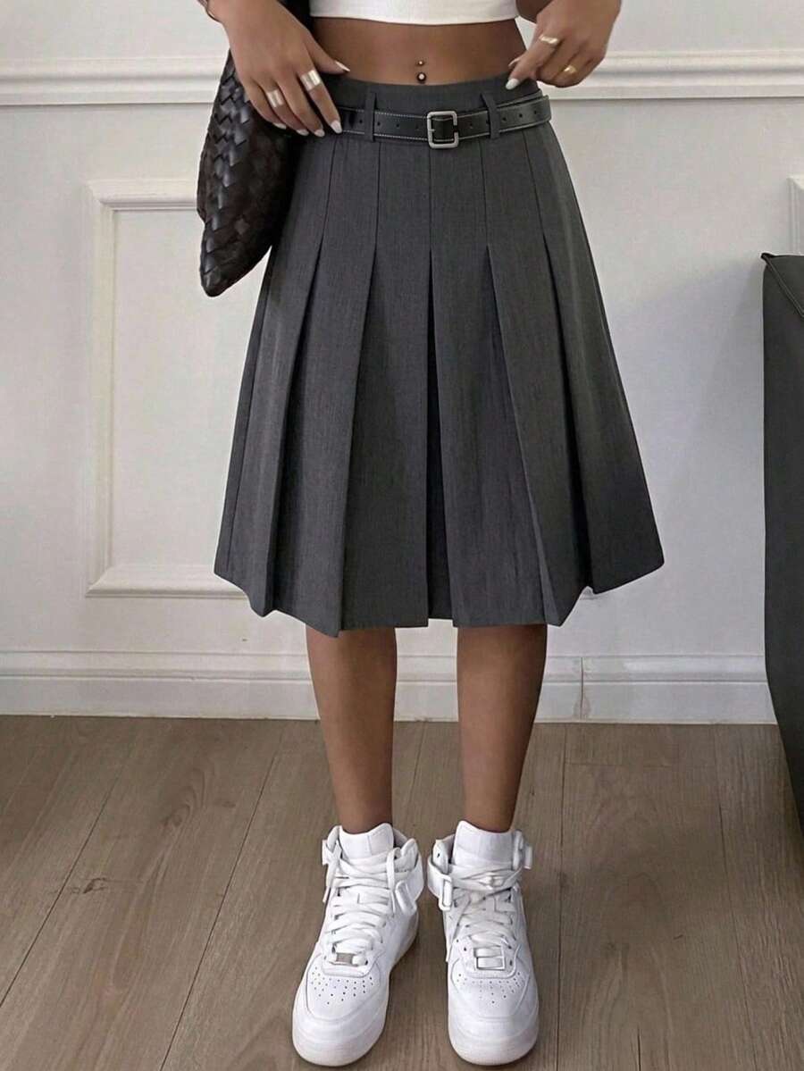 DAZY Jupe Plissée Taille Haute (Sans Ceinture) - Gris foncé - Voir 1