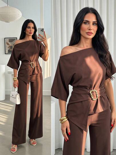 SHEIN Damen, Frühling Sommer, Set, Kurzarm, Regular Passform, Regular Länge, Schokoladenbraunes One-Shoulder Co-Ord Set, asymmetrische One-Shoulder Drapierung Oberteil mit passender weiter Hose, Gürtel Taille Oberteil mit goldenem Schnallenverschluss, elegantes braunes Abend Zweiteiler, minimalistischer Luxus Cocktail Outfit, hochgeschnittene Palazzo Hose, bodenlange weite Hose, maßgeschneidertes drapiertes Oberteil, monochromes Schokoladenbraun Formelles Set, moderner Resort-zu-Abend Look, anspruchsvolle Date-Night Garnitur, Hochzeitsgast-Chic Koordination