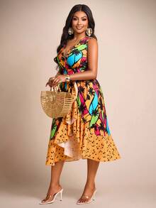 Brilight Vestido de verano de nuevo estilo con estampado de árbol de coco en estilo tropical, escote en V, silueta evasé y bordes irregulares con volantes. Adecuado para temporada de bodas, graduación, ocio diario, fiestas, citas, San Valentín, vacaciones y otras ocasiones - Multicolor - Ver 7