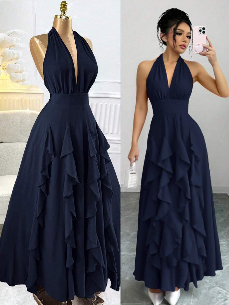 Rafferiza Women Navy Blue Summer Elegant Dining Wedding Guest Graduation Birthday Dresses Boho V-Neck Halter Multi-Layered Ruffled Bow Long Maxi Dress Outfit - Navy Blue - View 1