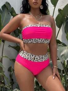 Swim Vcay 2025 Plus Size Leopard Print Patchwork Bandeau Bikini Summer - Hot Pink - View 4