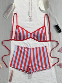 Swim Vcay 夏季兩件式海灘裝條紋隨機印花雙肩帶女款泳衣套裝 - 彩色 - 查看 3