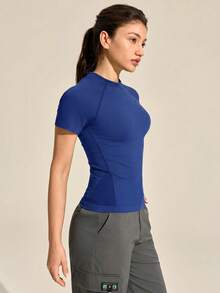 SHEIN In My Nature Tricou de damă cu mânecă raglan, în culori uni, model outdoor, ajustat - Albastru - Vizualizare 4