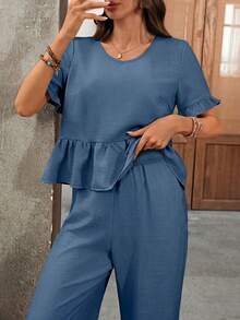 EMERY ROSE Women's Solid Color Round Neck Pleated Short Sleeve Top And Long Pants Casual 2-Piece Set Holiday Vacation Dusty Blue Summer, Vacation - Blue - View 7