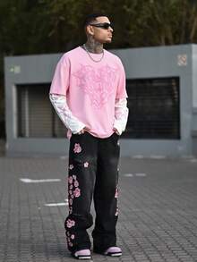 Devon Thys 男士街头风格流行 INS 搭配天使丘比特印花刺绣心形 T 恤，户外音乐节、夜总会酒吧、男朋友/丈夫礼物、周年纪念礼物、二合一 T 恤、粉色图案 T 恤、粉色街头服饰、粉色 Y2k 衬衫、2000 年代风格 - 彩色 - 查看 5