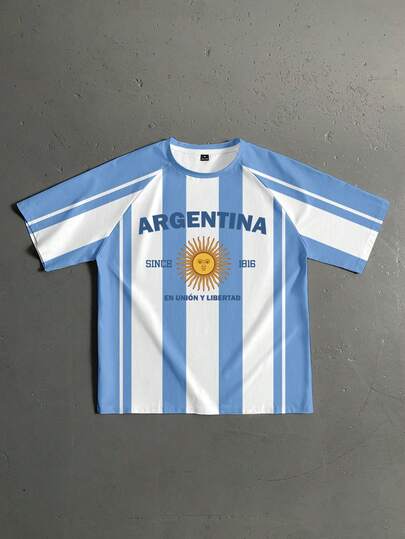 StoneGrade Argentina Flag Color World Cup Football Casual Print Loose Fit Raglan Sleeve Short Sleeve T-Shirt For Men