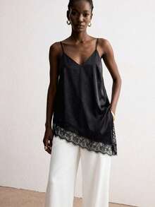 ATUI Studio Women's Silk Blend Lace Camisole – Elegant Sexy Asymmetric Hem Top With Side Slit For Summer Beach Golf, Party Vacation Pastal - Black - View 1