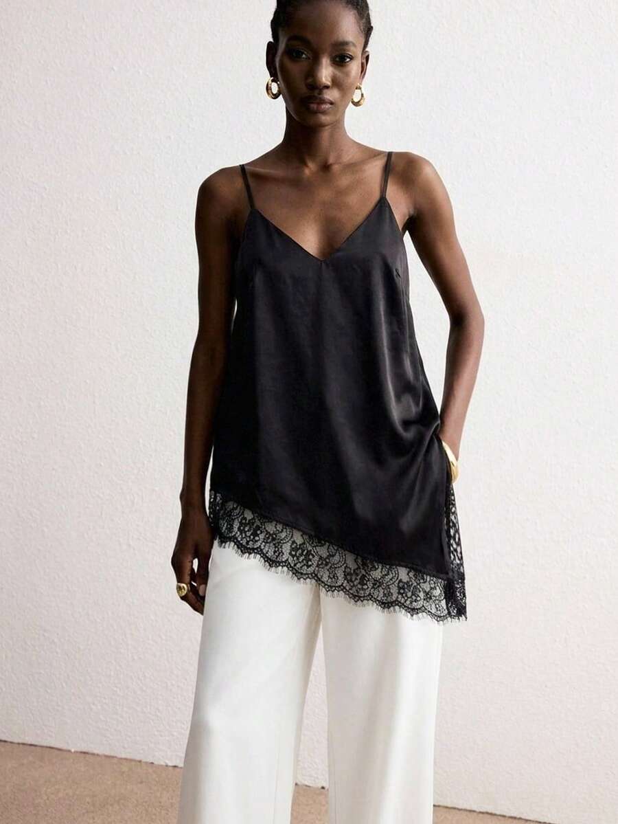 ATUI Studio Women's Silk Blend Lace Camisole – Elegant Sexy Asymmetric Hem Top With Side Slit For Summer Beach Golf, Party Vacation Pastal - Black - View 1