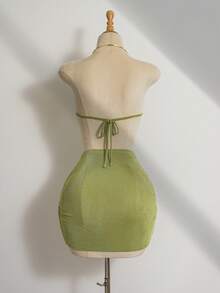 Elamini Women's Elegant Backless Tie-Up Green Mini Dress With Metal Buckle Decor, Suitable For Commuting In Spring/Summer - Green - View 2