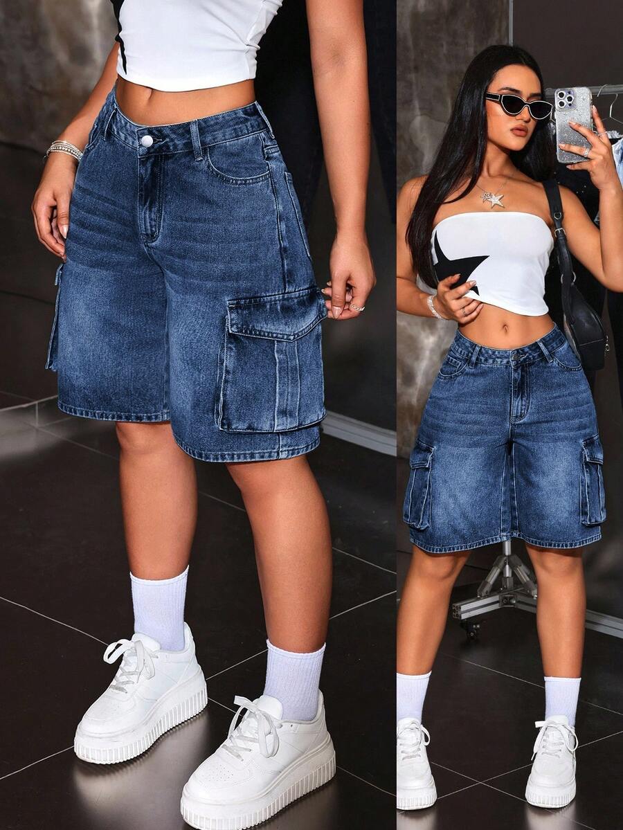 SHEIN PETITE 女款夏季街頭時尚街頭風水洗翻蓋口袋牛仔短褲,小碼日常海軍藍休閒日穿 - 藍色 - 查看 1