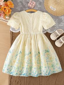 SHEIN Elladie kids 年轻女孩优雅花卉印花刺绣圆领连衣裙 - 黃色 - 查看 2