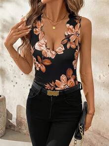 SHEIN Clasi 花卉印花荷叶边领女式T恤 - 橘色 - 查看 5