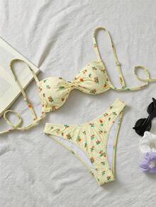 Elavelle Bộ bikini hai mảnh dáng suông cạp cao, họa tiết ngẫu nhiên, dành cho nữ, thích hợp cho mùa xuân/hè. - Nhiều màu - Xem 2