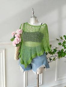 SHEIN EZwear 大码女式橄榄绿钩针编织披肩，荷叶边下摆，休闲半透明，适合外出和约会 - 軍綠色 - 查看 5