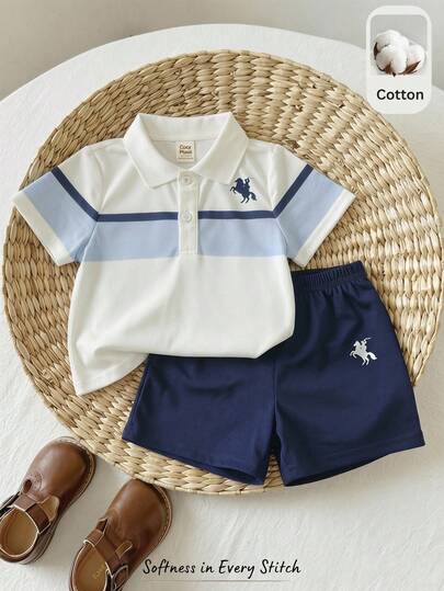 Cozy Pixies Set de 2 piezas de camisa polo de manga corta con estampado de bloques de color y rayas, y pantalones cortos para niño bebé