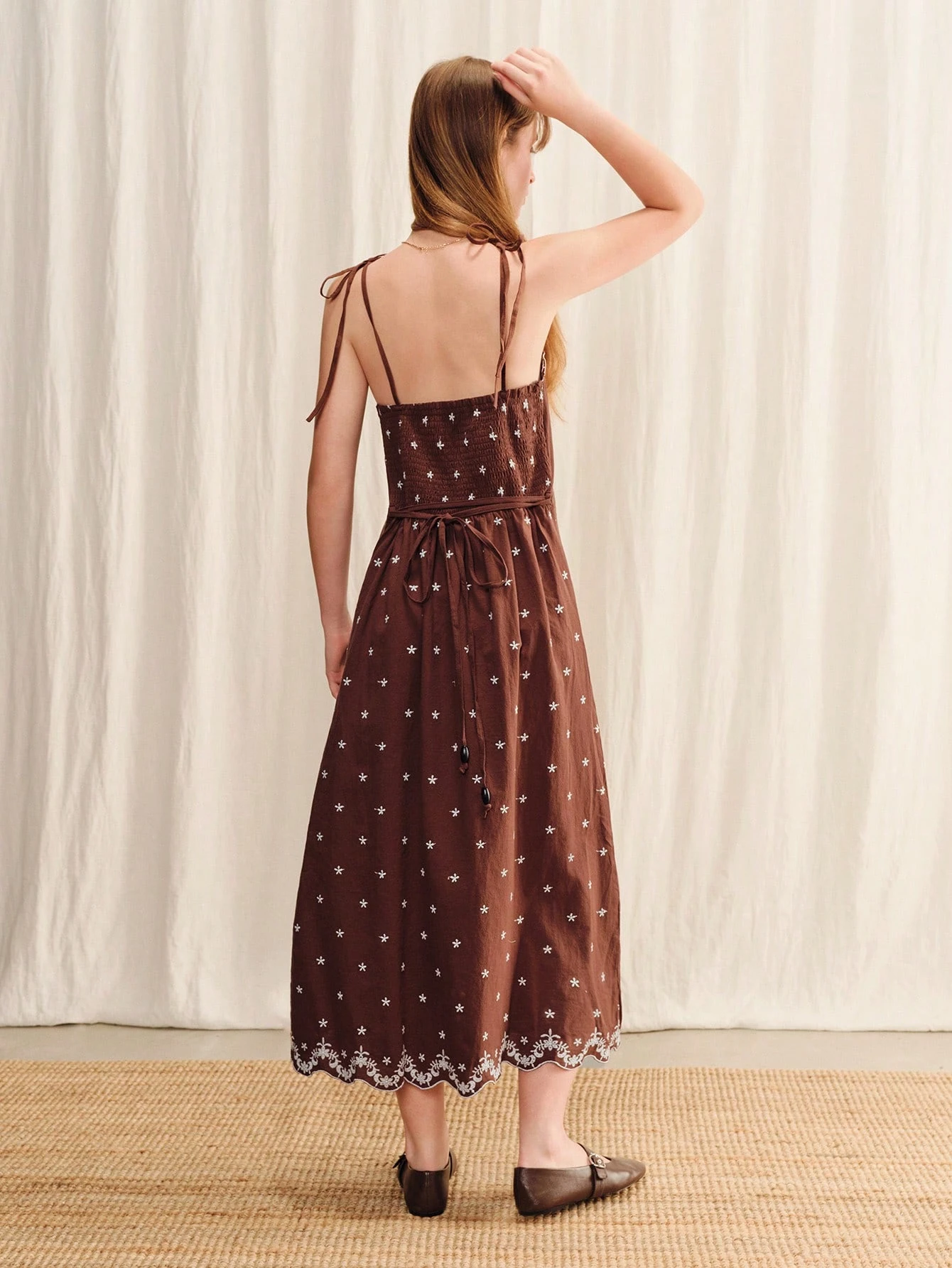Brown Loose Fit Cotton Embroidered Midi Dress With Scallop Hem Spring Summer Holiday Dress Brown Cotton Dress French Style Vintage Dress