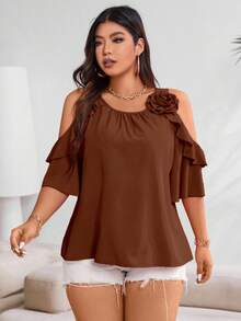Vionelle Plus Cold Shoulder Ruffle Trim Blouse For Summer New Year - Brown - View 4