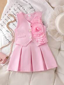 SHEIN Elladie kids 小女孩甜美粉色无袖珍珠纽扣背心+蝴蝶结百褶裙两件套，优雅休闲夏季套装 - 粉色 - 查看 4