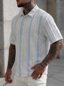Manfinity CasualCool Men's Color Block Single-Breasted Casual Versatile Daily Wear Short Sleeve Shirt - Blue - View 5