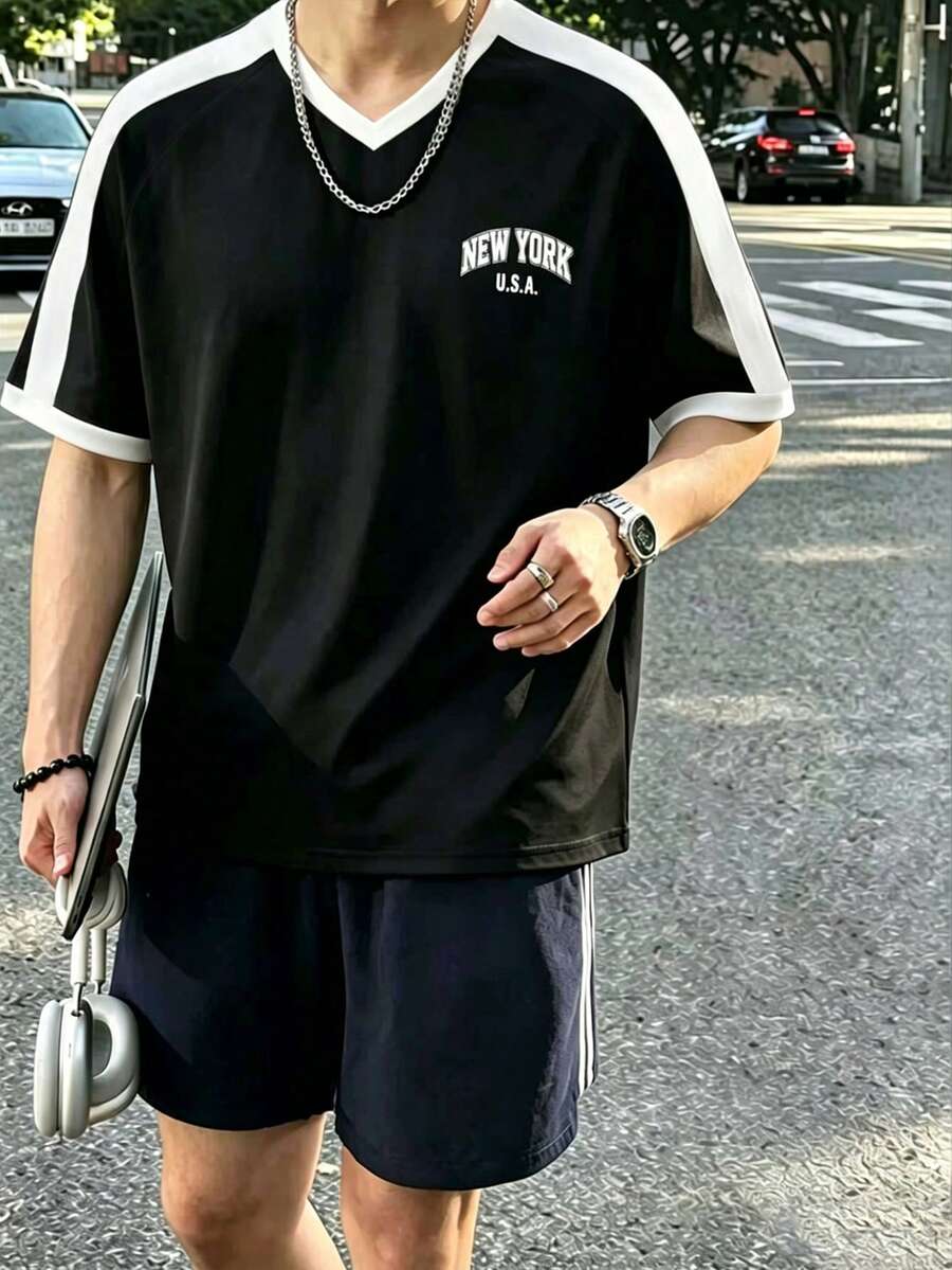 Neovey 男士休闲撞色条纹字母印花T恤,夏季 - 彩色 - 查看 1