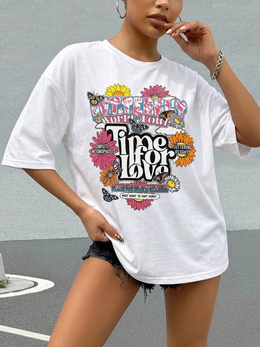 Women Crew Neck Short Sleeve Letter Print Simple T-Shirt, Casual Daily Wear - White - View 1