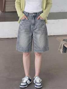 Dazy Kids 少女休闲口袋纽扣牛仔短裤，适合日常穿着 - 淺色水洗藍 - 查看 4