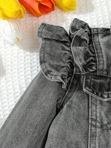 SHEIN Playful Pals Áo khoác ngắn denim kiểu retro viền bèo nhún mới cho bé gái - Xám - Xem 3