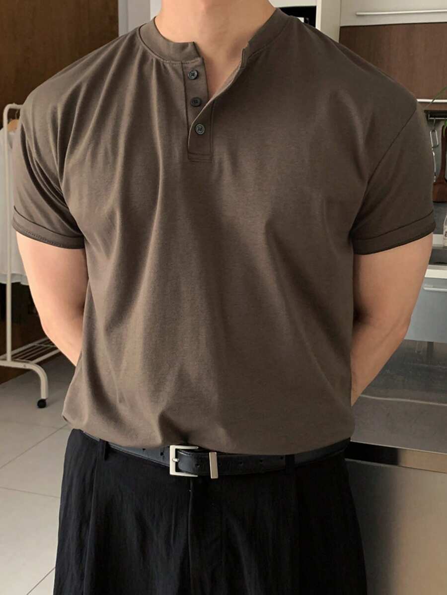 DAZY 男士純色棕色圓領半拉鍊短袖T恤 夏季 - 棕色 - 查看 1