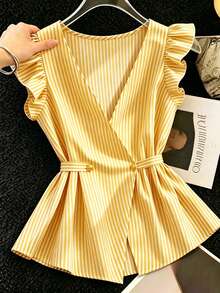 SHEIN Franclia 优雅条纹荷叶袖衬衫，适合休闲、度假、海滩、通勤等场合。 - 黃色 - 查看 4