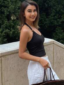 Livesso 女款串珠掛脖露背休閒夏季上衣 度假風掛脖上衣 - 黑色 - 查看 5