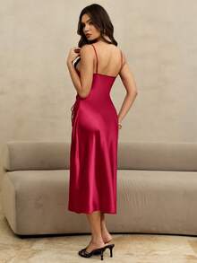 HautHeat Lace Insert Draped Collar Slit Thigh Satin Cami Pajama Nightdress Luxeloungewear - Burgundy - View 2