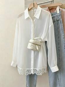 INAWLY Fashionable Minimalist Solid Color Casual Sexy Lightweight Sheer Chiffon Fabric Ruffle Hem Design Long Sleeve Loose Blouse For Women Autumn Golf White - White - View 1