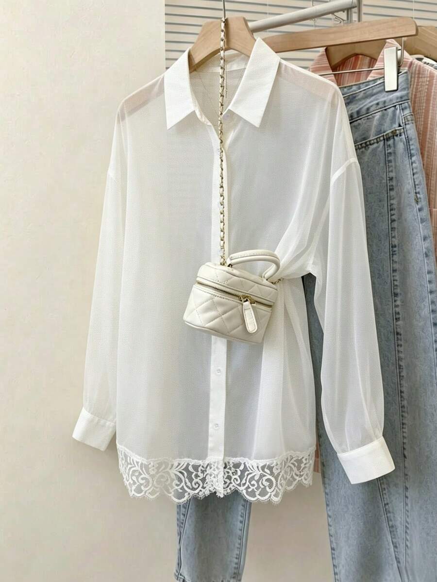 INAWLY Fashionable Minimalist Solid Color Casual Sexy Lightweight Sheer Chiffon Fabric Ruffle Hem Design Long Sleeve Loose Blouse For Women Autumn Golf White - White - View 1
