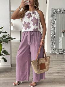 Ceyna Plus Size Women's Fashionable Elegant And Lively Spaghetti Strap Jumpsuit, Spring/Summer Vacation Light Purple - Mauve Purple - View 3