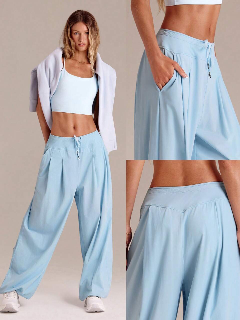 28" Soft Serve Stretchy Quick-Dry Sun-Protective Adjustable Drawstring Waist Side Pockets Pleated Wide Leg Lounge Pants Yoga Summer