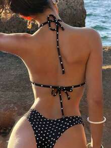 Swim Mod Women's Black & White Polka Dot Random Print Halter Metal Decor Bikini Set, Spring/Summer - Multicolor - View 2