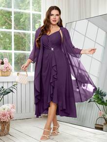 Reflora Plus Size Elegant Party Formal Wedding Guest Solid Color Jacket With Ruffle Trim Spaghetti Strap Wrap Dress 2-Piece Set Dark Purple Autumn Fall - Purple - View 8