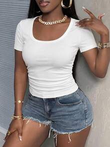 Slaydiva Minimalist Casual Basic V-Neck Sleeveless Tight Ruched Rib Knit Stretchy White Tank Top For Women Home Summer - White - View 5