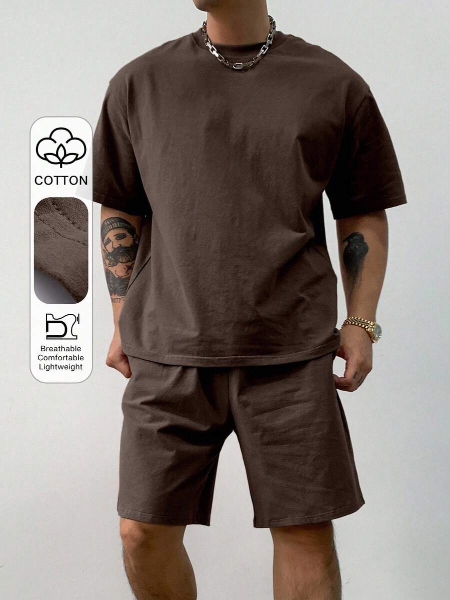 DAZY Conjunto de camisetas de verano de color marrón sólido para hombre - Marrón - Ver 1