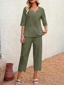 EMERY ROSE Women's Vacation Solid Color V-Neck Shirt And 3/4 Pants Set,Vacation Outfits Women - Green - View 5