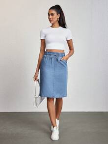 SHEIN Tall 女款休閒抽繩腰直筒牛仔裙，夏季，高個女性適用 - 藍色 - 查看 6