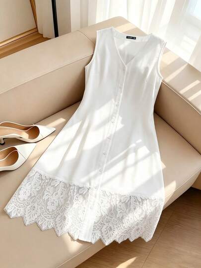 GlowEve CURVE Rochie casual de damă de mărime mare, de primăvară și vară, fără mâneci, cu imprimeu de hibiscus, cu tiv, simplă, cu decolteu în V, cu dungi, imprimată cu serigrafie, broderie artificială, cu nasturi pe față.